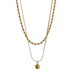 18K gold plated double layer stainless steel necklace with round bead pendant details