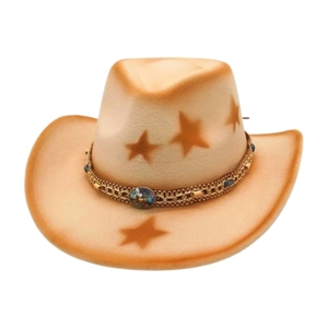 Western cowboy hat in beige felt with star pattern and turquoise metal band decor