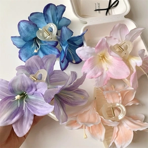 Elegant set of 4 gradient floral hair clips in blue purple pink and orange hues
