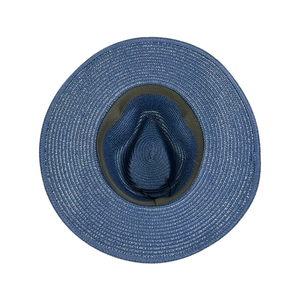 Navy blue straw Panama hat interior with sweatband and adjustable drawstring