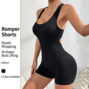 Women One Piece Yoga Bodysuit Ribbed Seamless Sleeveless Romper Backless Hollow Out Fitness Gym Activewear Black