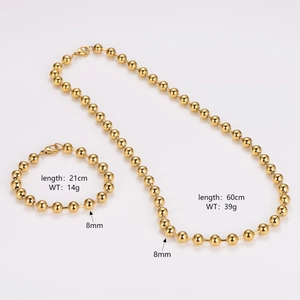 Detail of golden stainless steel bead necklace and bracelet set with size specifications