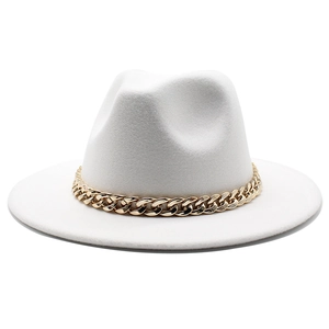 Detail of white wool jazz hat featuring a thick decorative gold metal chain strap