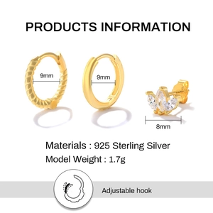 Detailed size and material specs for gold-plated 925 sterling silver earring set