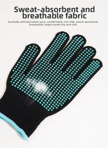 Detail of breathable knitted fabric and anti-slip silicone beads on black hair tool gloves