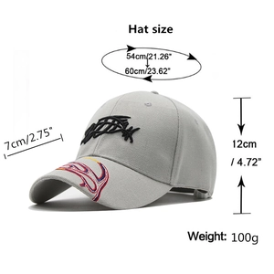 3D fish embroidery camo baseball cap with size specs on light gray cotton fabric
