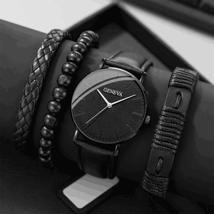 Professional black Geneva quartz watch set with braided leather and wooden bead bracelets
