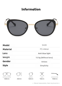 Detailed size chart for retro cat-eye glasses with PC and metal frame specifications