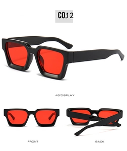 Three-view display of square black sunglasses with translucent red lenses for stylish sun protection