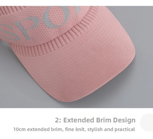 Close-up of pink knitted sun visor featuring a 10cm long brim and Sport lettering detail