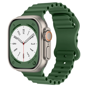 Detailed side view of green wavy silicone sport band with silver metallic watch case