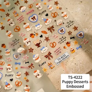 Reliefierte Nagelkunst Aufkleber Cartoon Welpe Hund Dessert Stern Herz Schleife Selbstklebende Maniküre Abziehbilder