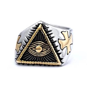 Mens vintage stainless steel ring featuring triangle eye of providence and gold cross