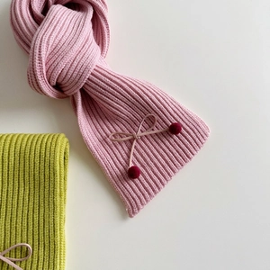 Knitted bow scarf for women and kids in pink and green with soft plush pom-poms