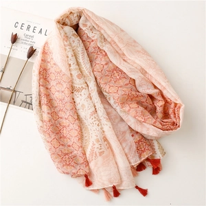 Ethnic paisley cotton linen feel scarf with orange wheat ear tassels and beach shawl design