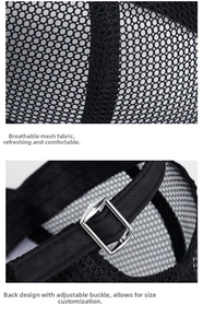 Detail of breathable mesh fabric and adjustable metal buckle on black baseball cap