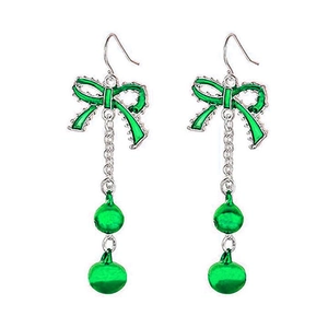Detailed view of green enamel bow and double bells drop earrings on a clean white background