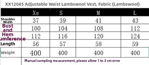 Size chart for lamb wool vest featuring bust, length, and shoulder measurements