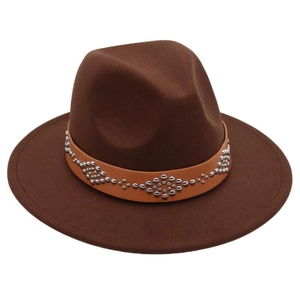 Detail of dark brown wool fedora hat with studded leather band and geometric metal accents
