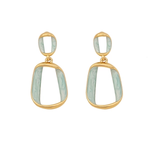 Modern geometric gold earrings with light green marble enamel drops on white background