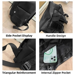 Dettagli dello zaino in pelle maschile con tasche laterali e tasca interna con cerniera