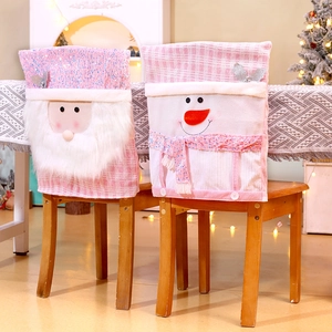 Pink Christmas chair covers with sequins featuring Santa Claus and Snowman designs