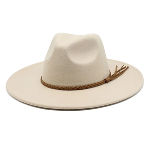 Vintage wool felt wide brim jazz hat in cream white with braided brown rope belt