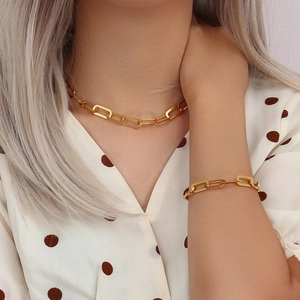 Golden stainless steel paperclip chain necklace and bracelet set for women