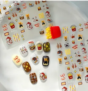 Primer plano de pegatinas de uñas TS-4190 con perros lindos y hamburguesas sobre blanco