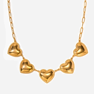 Collier Pendentif Coeur Acier Inoxydable Plaqué Or 18K Coeurs Bombés Chaîne Trombone Bijoux Élégants Minimalistes Pour Femmes