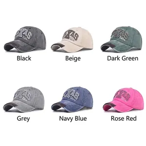 Set of six washed cotton TEXAS embroidered baseball caps in various vintage colors