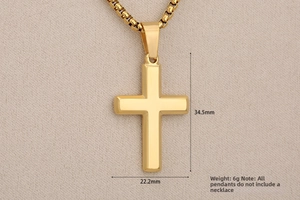 Detailed view of gold stainless steel cross pendant with 34.5mm x 22.2mm dimensions