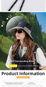 Detail of outdoor sun hat with wide brim, adjustable wind cord and two-tone breathable design