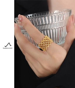 Detail of 18K gold plated mesh lattice ring with crystals on stainless steel band