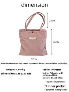 Detailed size chart and internal structure of plaid fabric tote bag with dimensions