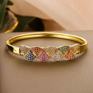 Luxurious gold-plated bangle with five colorful fan-shaped zircon stone settings