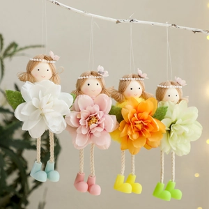 Easter Flower Fairy Doll Hanging Ornaments Handmade Polyester Satin Floral Dress Yarn Hair Artificial Pearl Headband Party Decoration