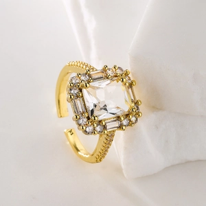 18K gold plated adjustable open ring with rectangular zircon in a retro minimalist style