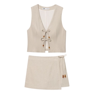 Women Sleeveless Vest Top And Wrap Shorts Cotton Linen Blend Beaded Ties V Neck Casual Summer Outfits Oatmeal