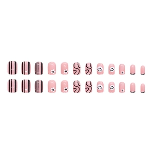 Pink press-on nails set with daisy flowers, smiley faces and stripes patterns