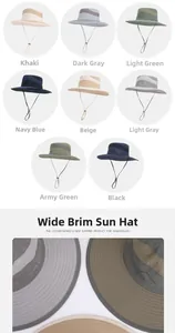 Dettaglio che mostra otto colori disponibili del cappello da sole impermeabile a tesa larga