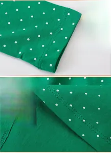 Detail view of cuffs and hem on green polka dot knit dress showing fine stitching quality