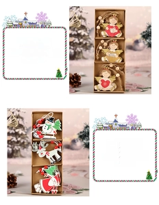 Close-up of wooden Christmas ornaments with snowman, elk, and Santa designs