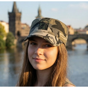 Outdoor shot of a camouflage cadet cap featuring the Airborne Pegasus embroidery patch