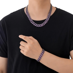 Ensemble collier et bracelet cubain hip-hop pour homme avec zircons violets