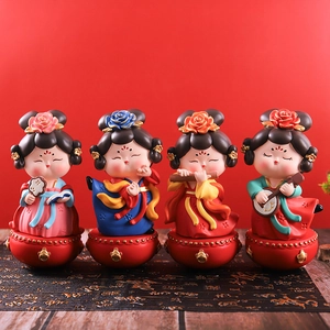 Set of 4 Q-version Chinese Tang Dynasty dolls in pink, blue, yellow, and red colors