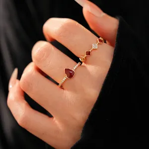 18k gold plated hulu ring with red heart gemstone and zircon accents for women