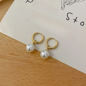 French vintage style 18K gold plated titanium earrings with white pearl pendants