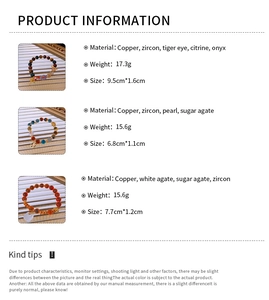 Detailed specifications of agate zircon pearl bracelets with material and size measurements