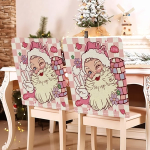 Pink Christmas chair covers with LOVE letter embroidery on soft plaid canvas fabric